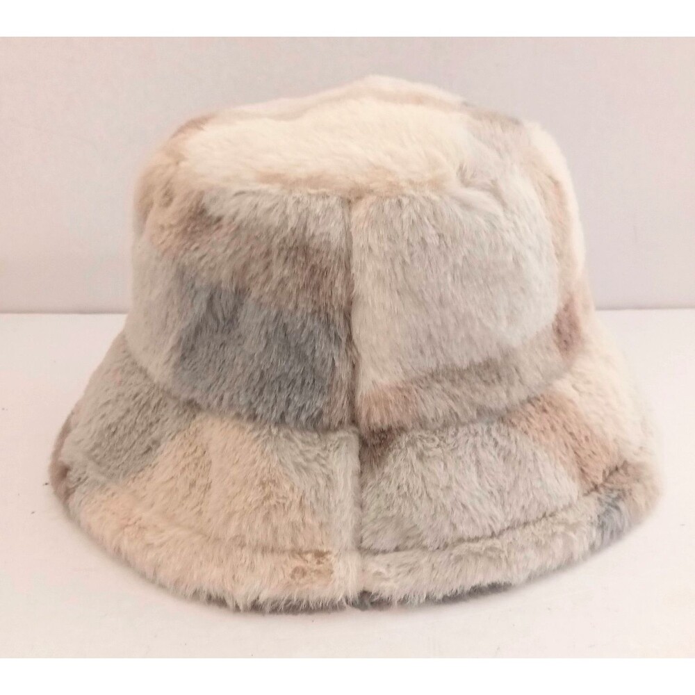 NEW Faux Fur Bucket Hat Light Gray Tan Cream Patchwork O/S - Picture 6 of 9